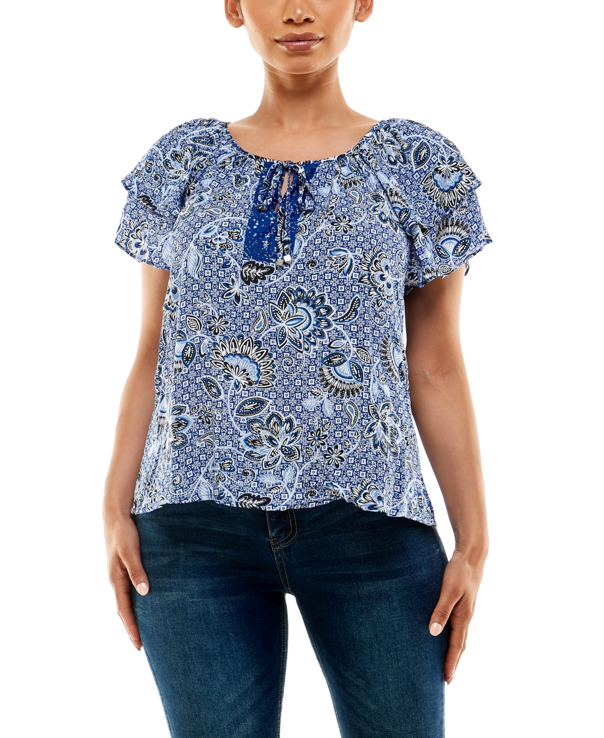 Women's Short Layered Sleeve Peasant Top - Moroccan Floral