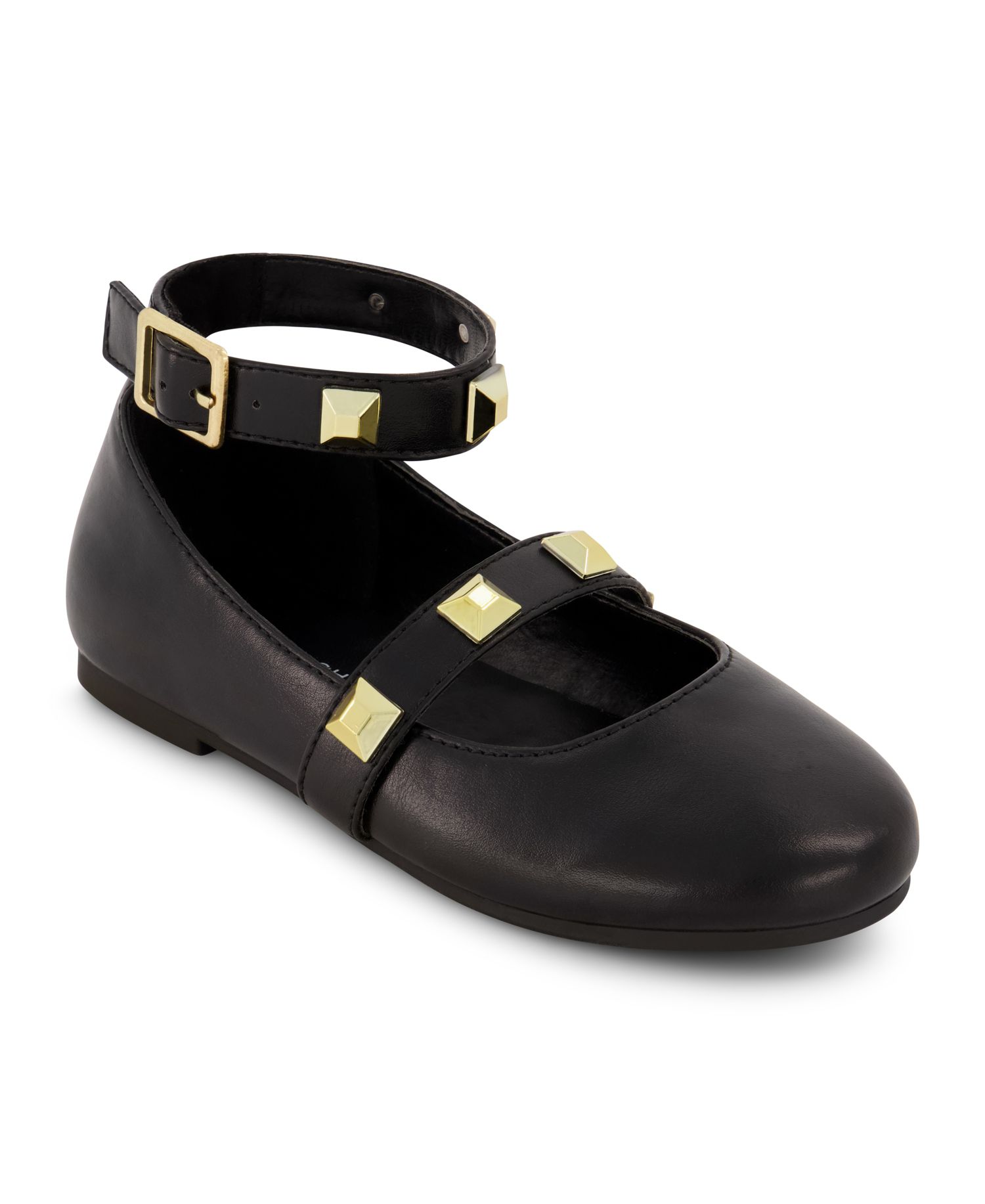 Big Girls Ankle Strap Pyramid Stud Ballet Flats