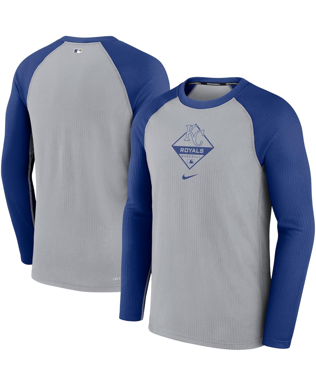 Men's Nike Gray and Royal Kansas City Royals Game Authentic Collection Performance Raglan Long Sleeve T-shirt