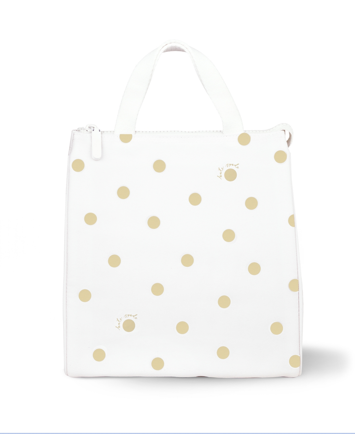 Lunch Bag - White with Gold Polka Dots - Gold-Tone Dot with Script