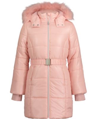 Shop Calvin Klein Girls Shimmer Monochromatic Faux Fur Trim Hooded Jacket In Silver-tone Pink