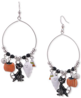 Charter Club - Silver-Tone Halloween Charm Drop Hoop Earrings