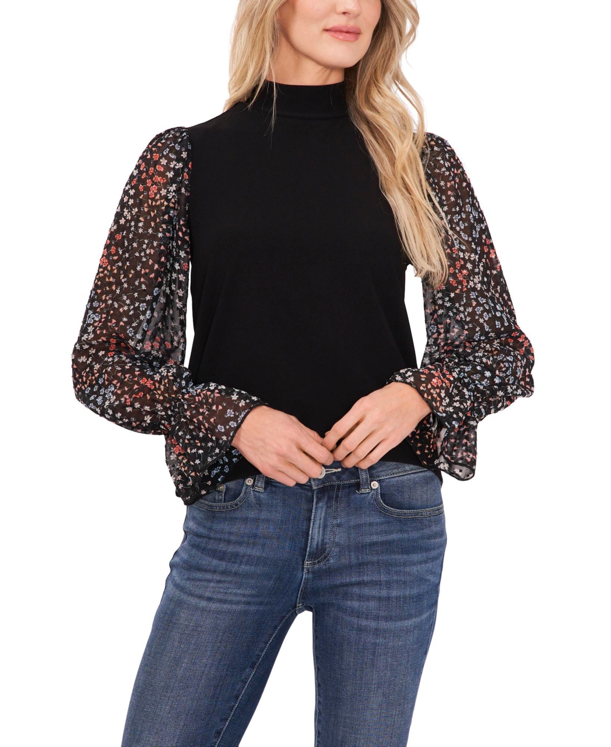 Cece Floral Sleeve Mock Neck Knit Top In Rich Black Multi Floral