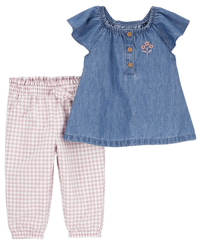 Carter's Baby Girls Short Sleeve Chambray Top and Pant Set, 2 Piece