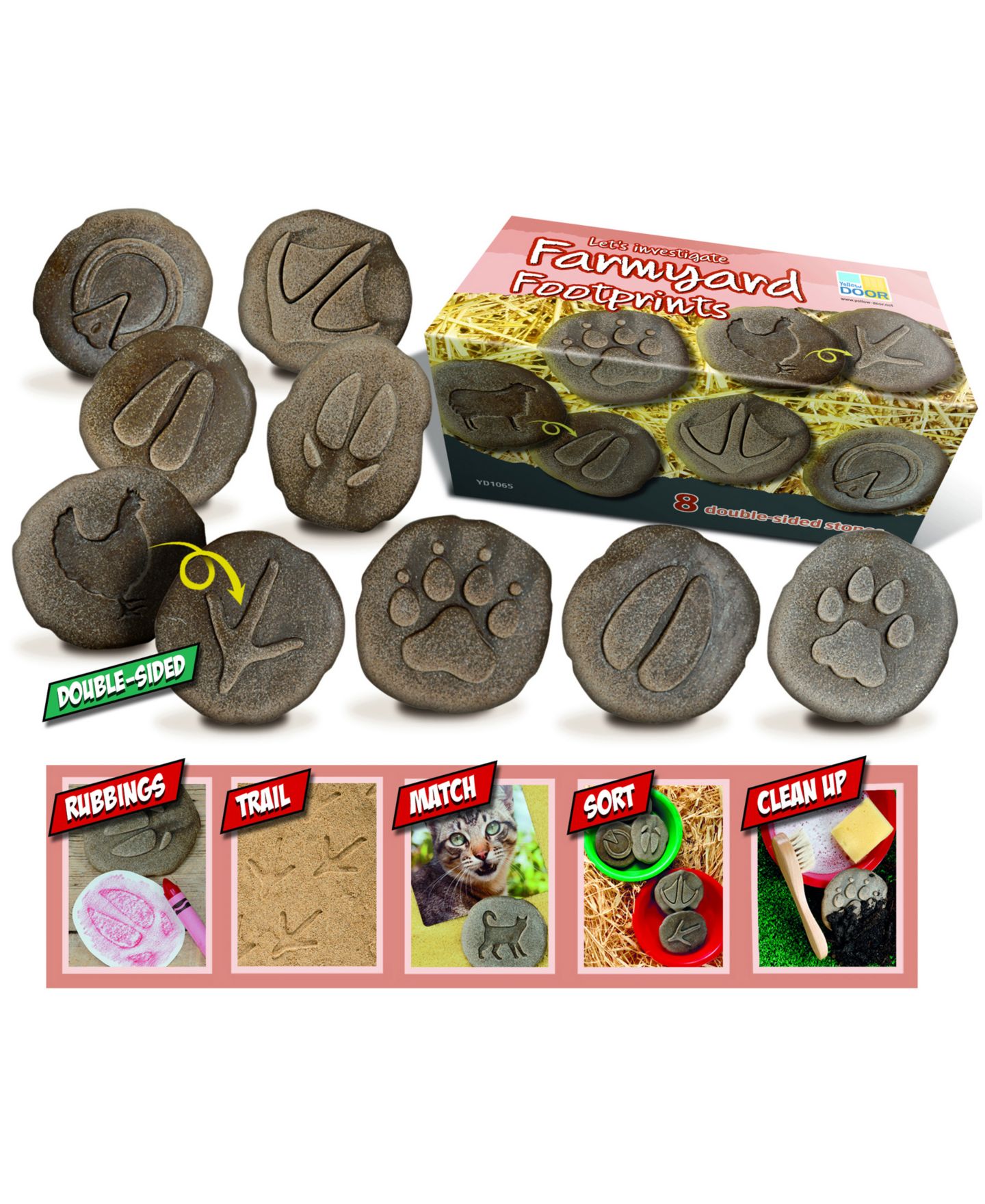 Детские игрушки Yellow Door Let's Investigate Farmyard Footprints Double-Sided 8-Piece Set Stones, Ages 3+ — фото 1