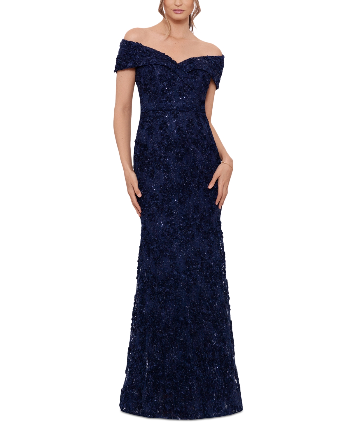 Xscape Off The Shoulder Embroidered Gown In Navy