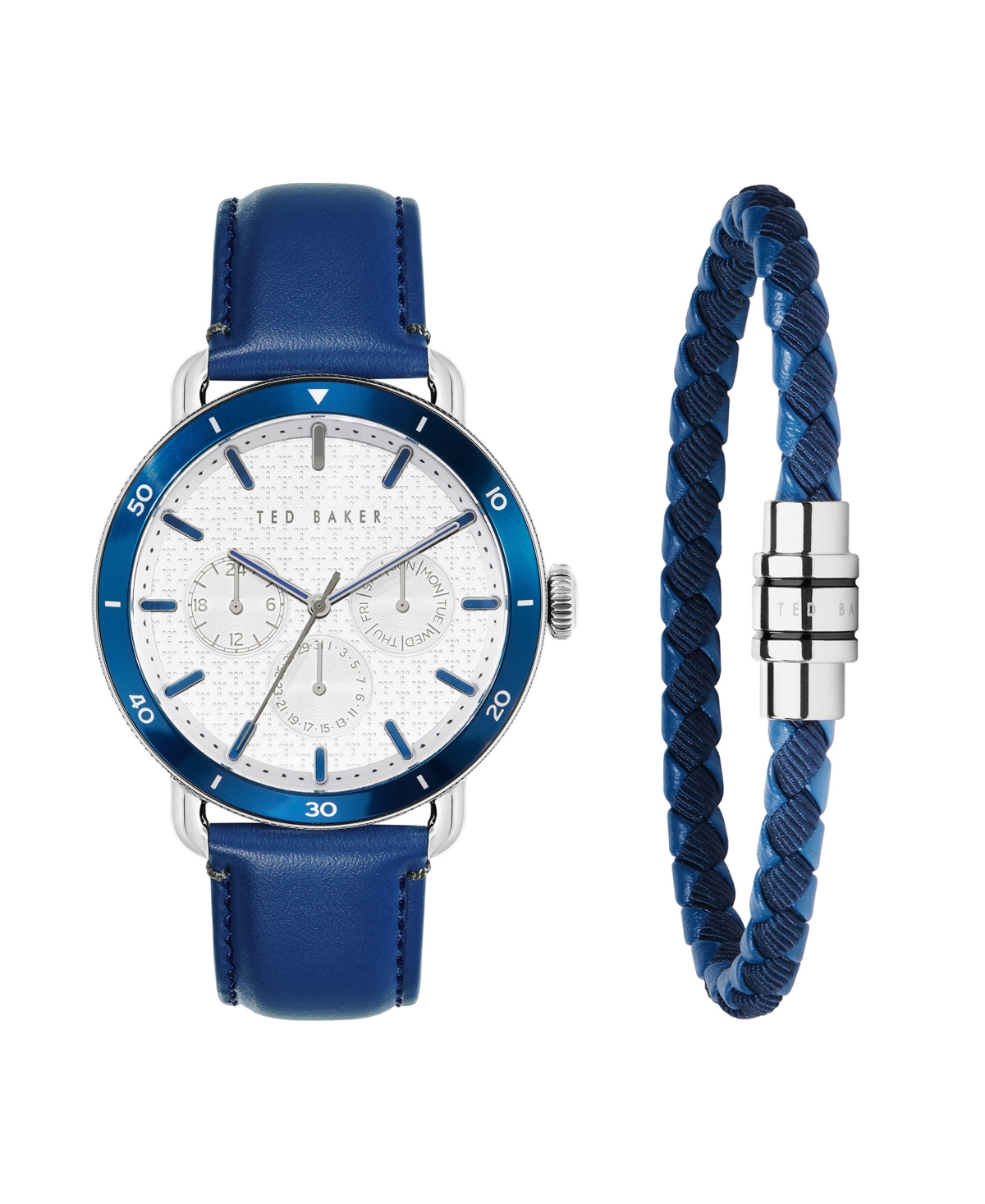 Men's Magarit Blue Leather Strap Watch 46mm and Bracelet Gift Set, 2 Pieces - Blue