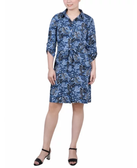 Petite 3/4-Sleeve Printed Shirt Dress - Blue Paismaze