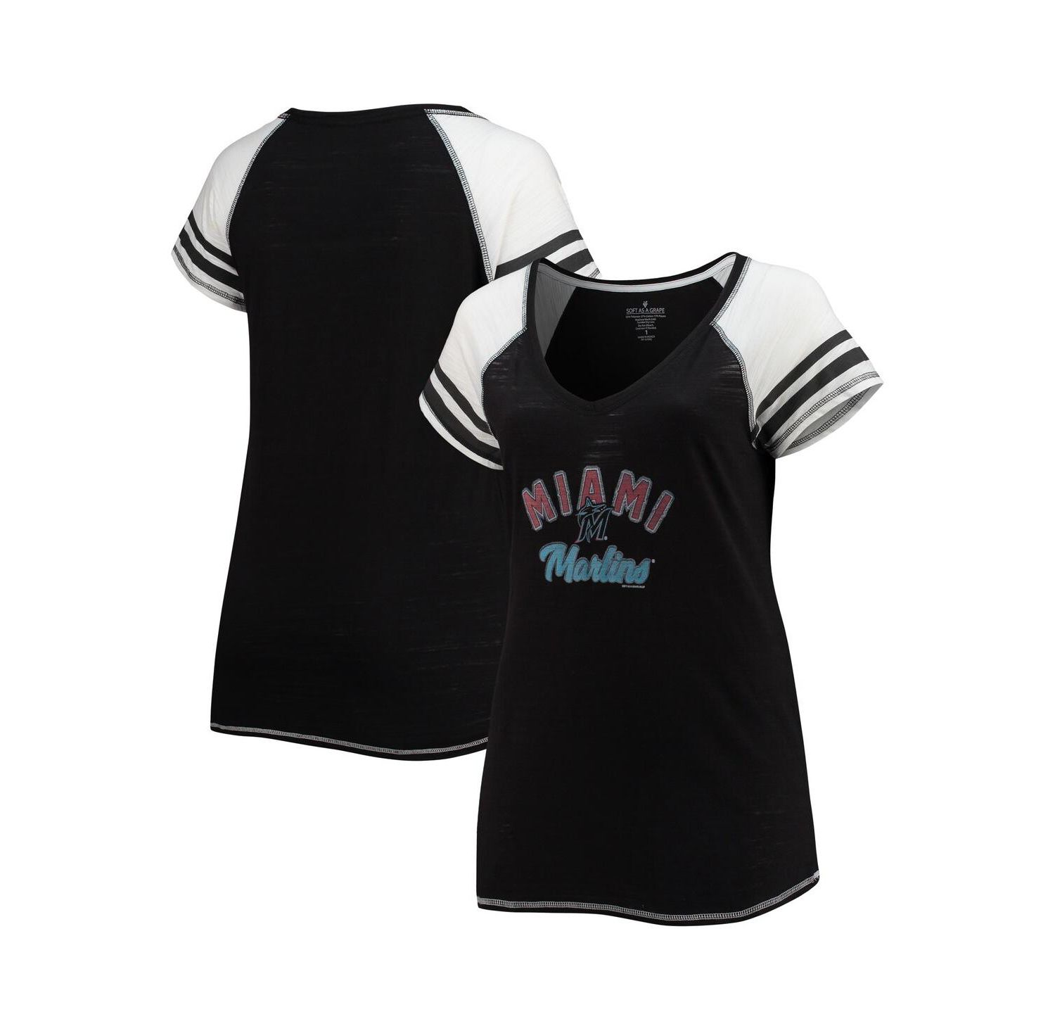 Women's Black Miami Marlins Curvy Colorblock Tri-Blend Raglan V-Neck T-shirt