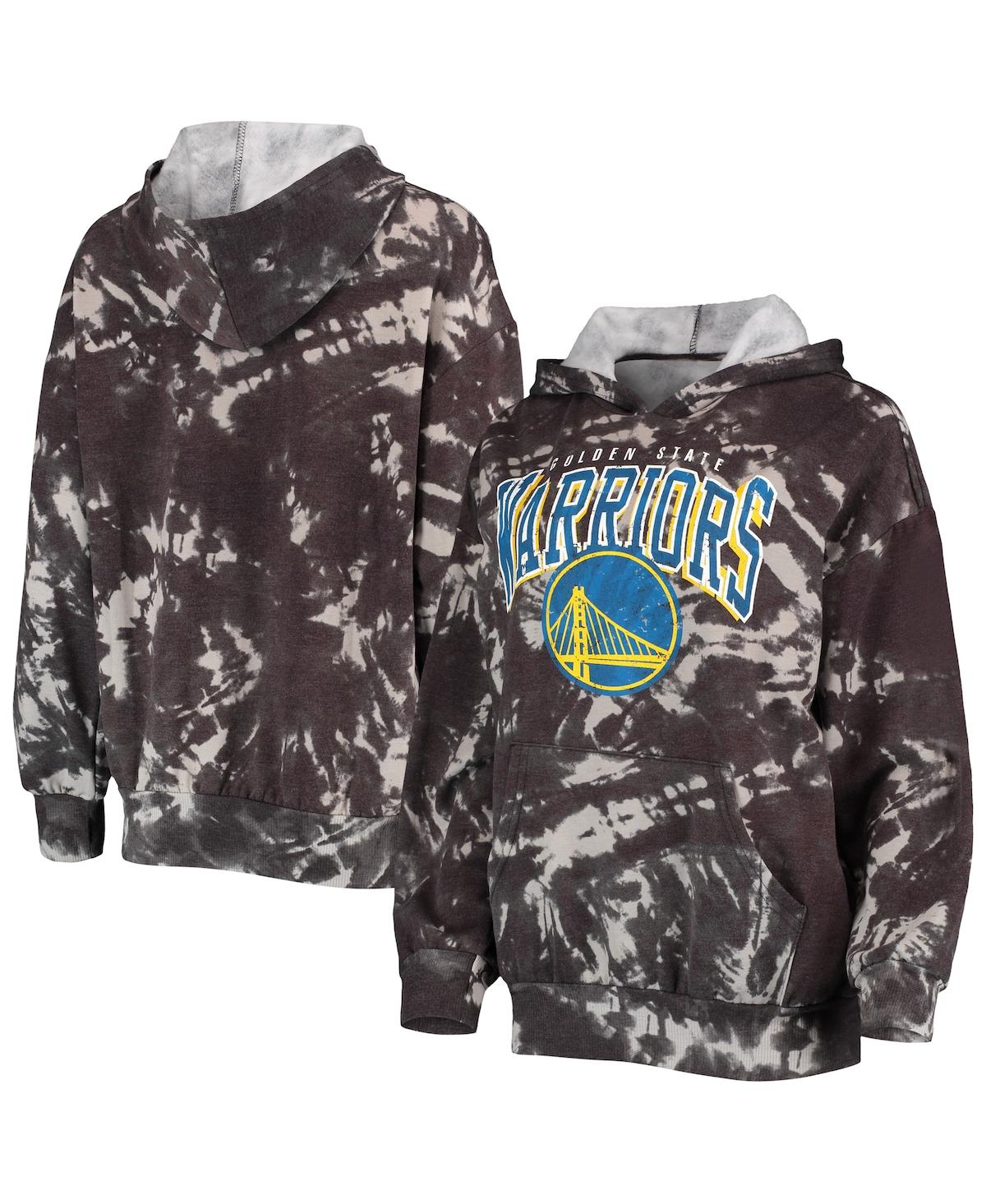 Majestic Threads Black Golden State Warriors Burble Tie-dye Tri-blend Pullover Hoodie In Black