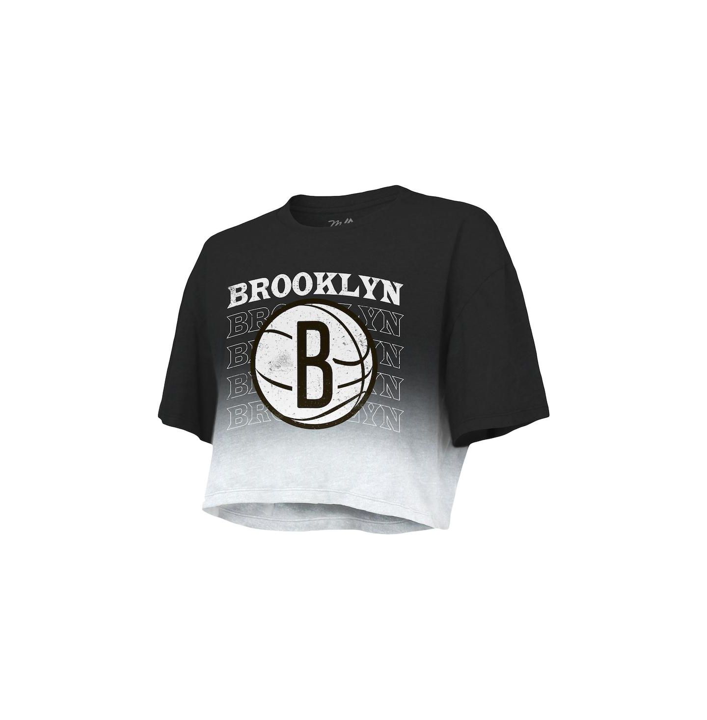 Женская футболка Majestic Threads Black and White Brooklyn Nets Repeat Dip-Dye Cropped — фото 4