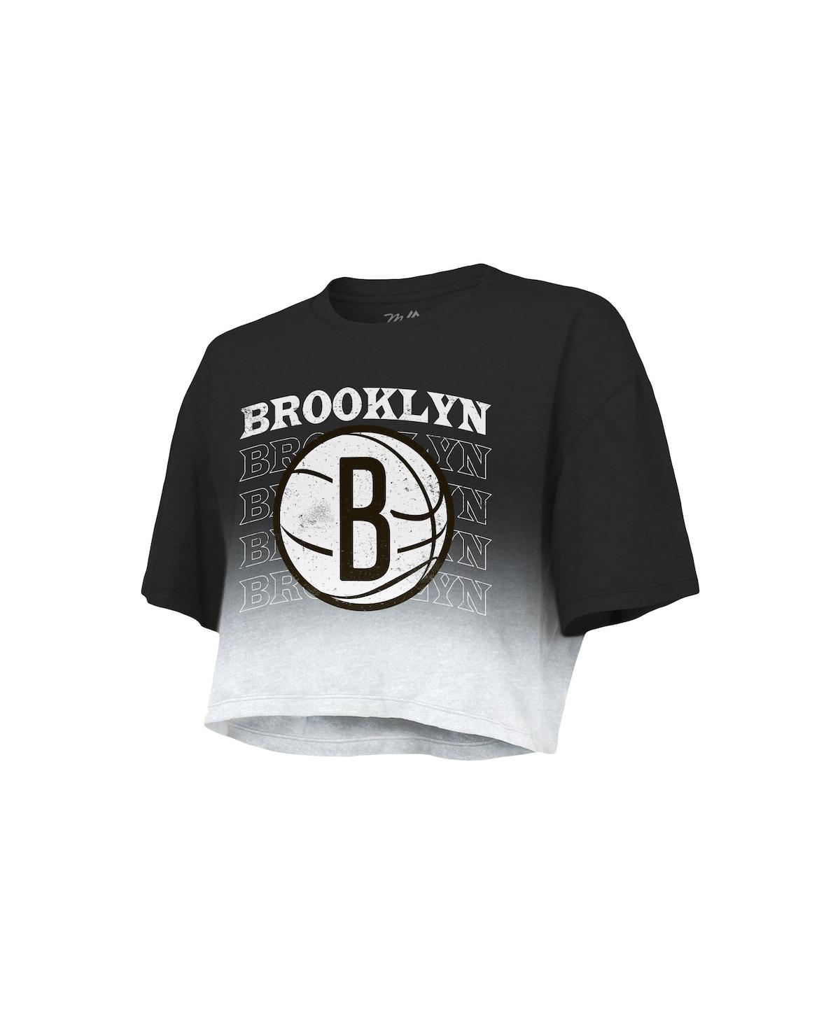 MAJESTIC WOMEN'S MAJESTIC THREADS BLACK AND WHITE BROOKLYN NETS REPEAT DIP-DYE CROPPED T-SHIRT 