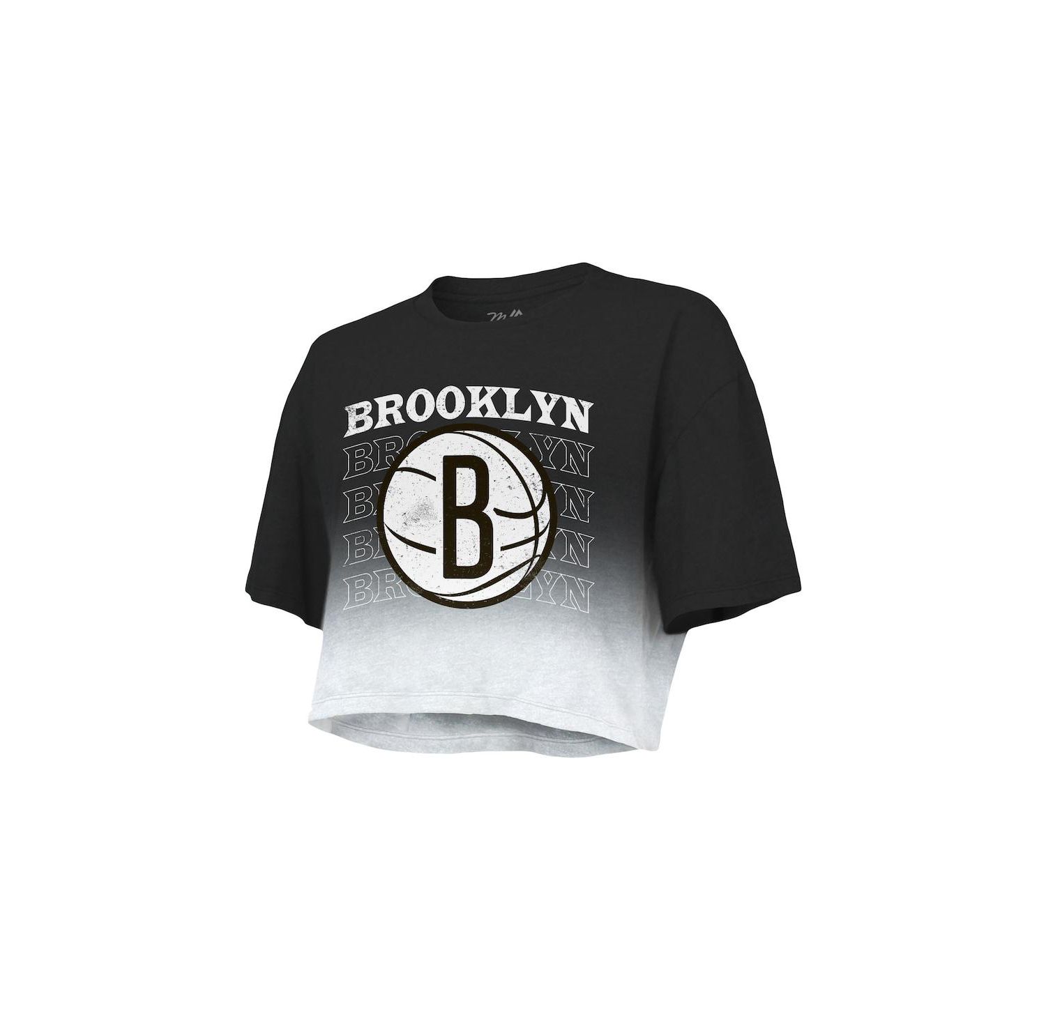 Women's Threads Black and White Brooklyn Nets Repeat Dip-Dye Cropped T-shirt