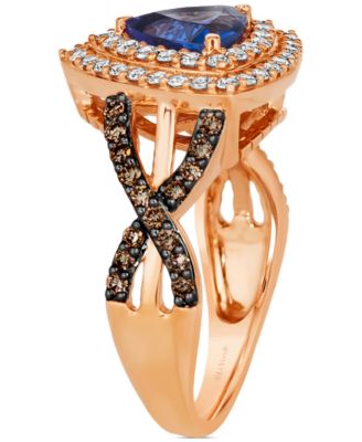 Blueberry Tanzanite (1 ct. t.w.) & Diamond (3/4 ct. t.w.) Trillion Double Halo Ring in 14k Rose Gold
