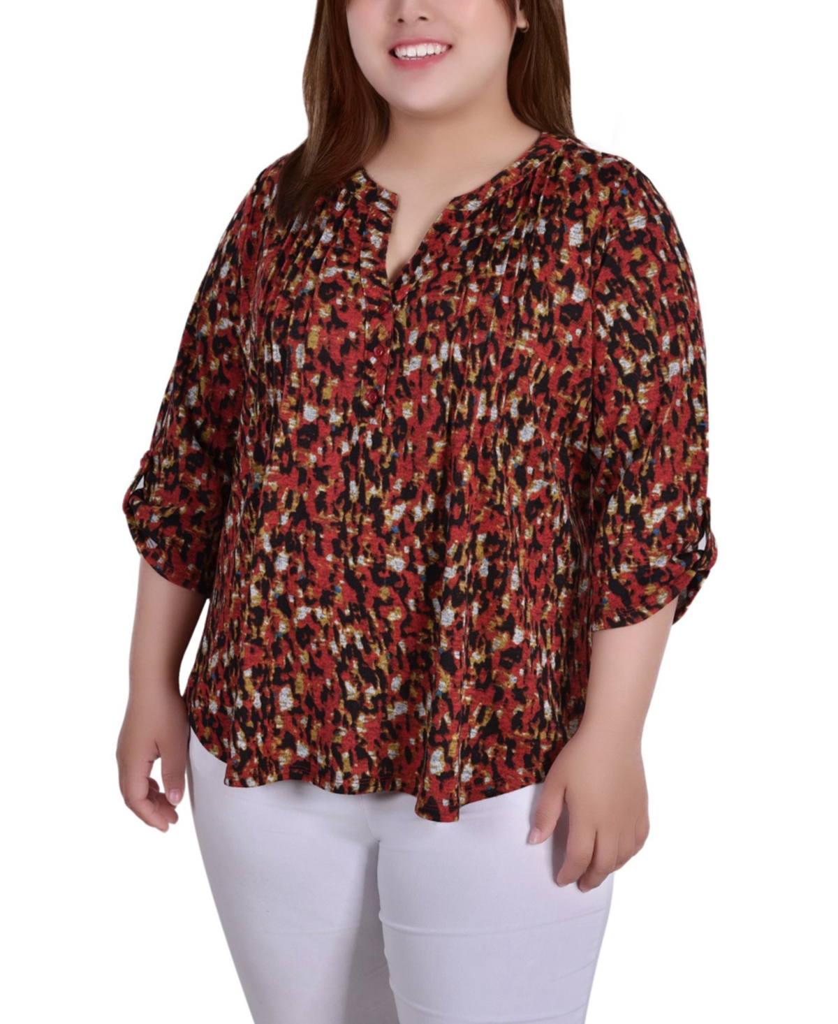 Plus Size 3/4 Roll Sleeve Top - Red Black Plaid