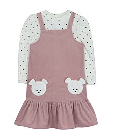 Toddler Girls Corduroy Bottom Ruffle Jumper with Bear Applique Pockets and Printed Heart Rib Knit Mock Neck Under Shirt, 2 Piece Set