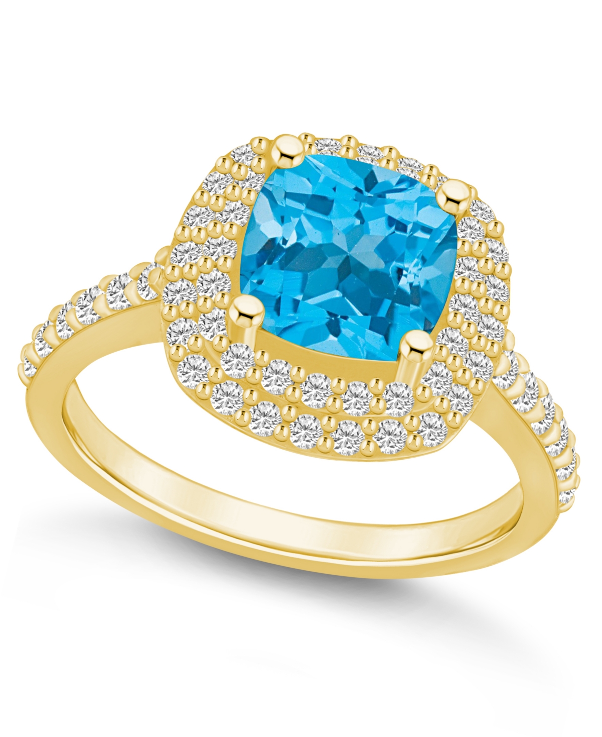 Macy's Blue Topaz And Diamond Accent Halo Ring In 14k Yellow Gold In Blue