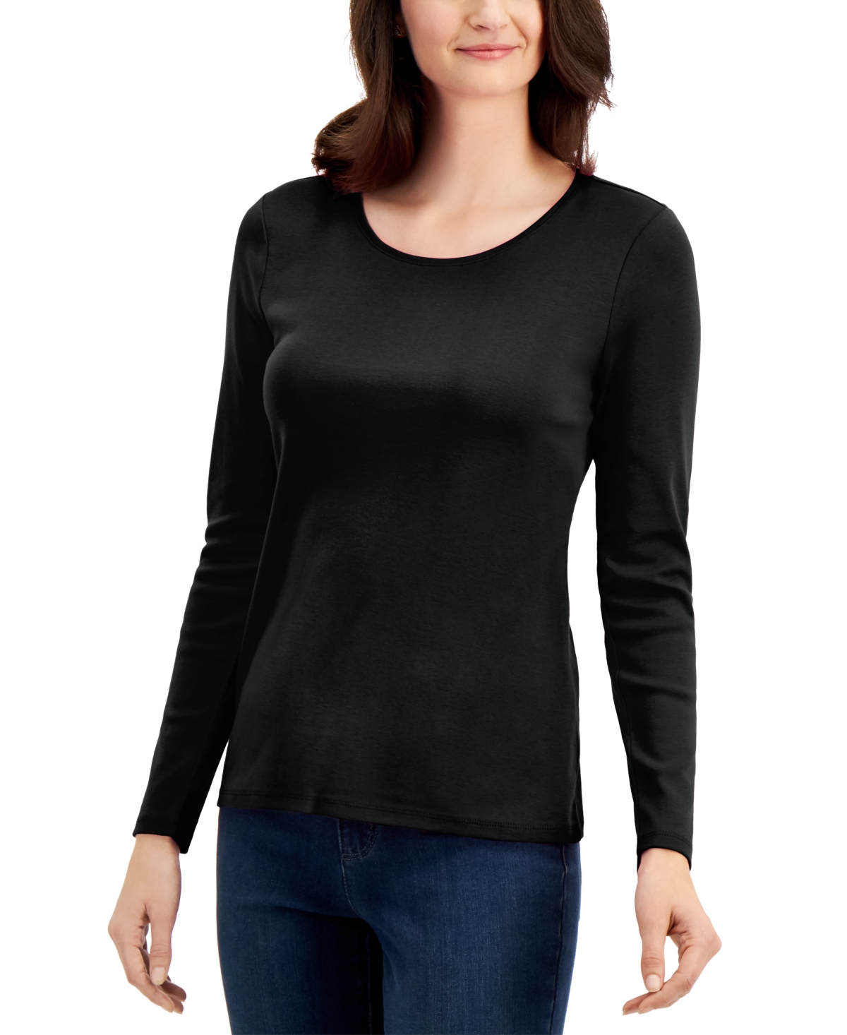 CHARTER CLUB PETITE SOLID LONG-SLEEVE CREWNECK TOP, CREATED FOR MACY'S 
