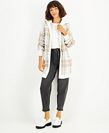 Juniors' Plaid Sherpa-Lined Hooded Cardigan
