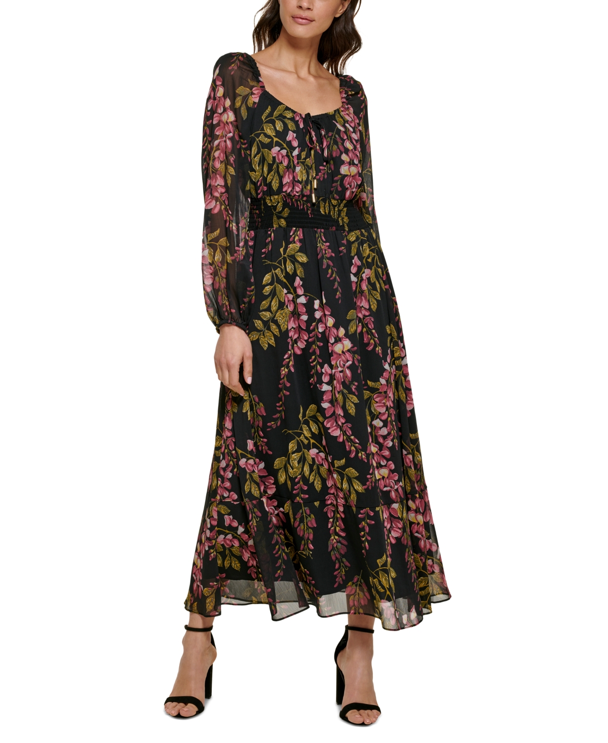 kensie Women's Smocked-Waist Blouson-Sleeve Dress