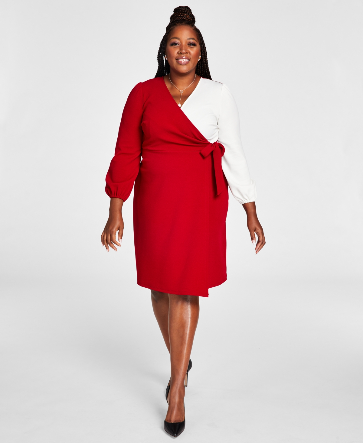 Kasper Plus Size Colorblocked Surplice Side-Tie Dress - Royal Blue / White  | Smart Closet
