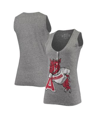 Women's Heathered Gray Arkansas Razorbacks Relaxed Henley Tri-Blend V-Neck Logo Tank Top