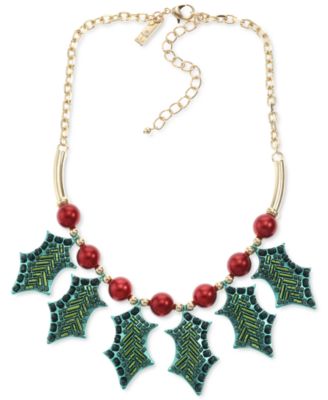 Holiday Lane - Gold-Tone Mixed Stone Holly Statement Necklace, 18" + 3" extender