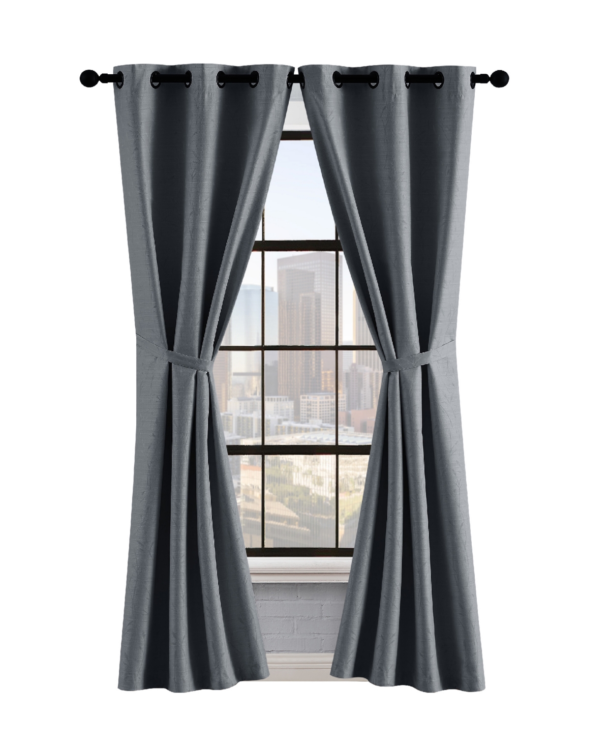 Lucky Brand Sondra Textured Leaf Pattern Blackout Grommet Window Curtain Panel Pair With Tiebacks, 38" X 96" In Gray