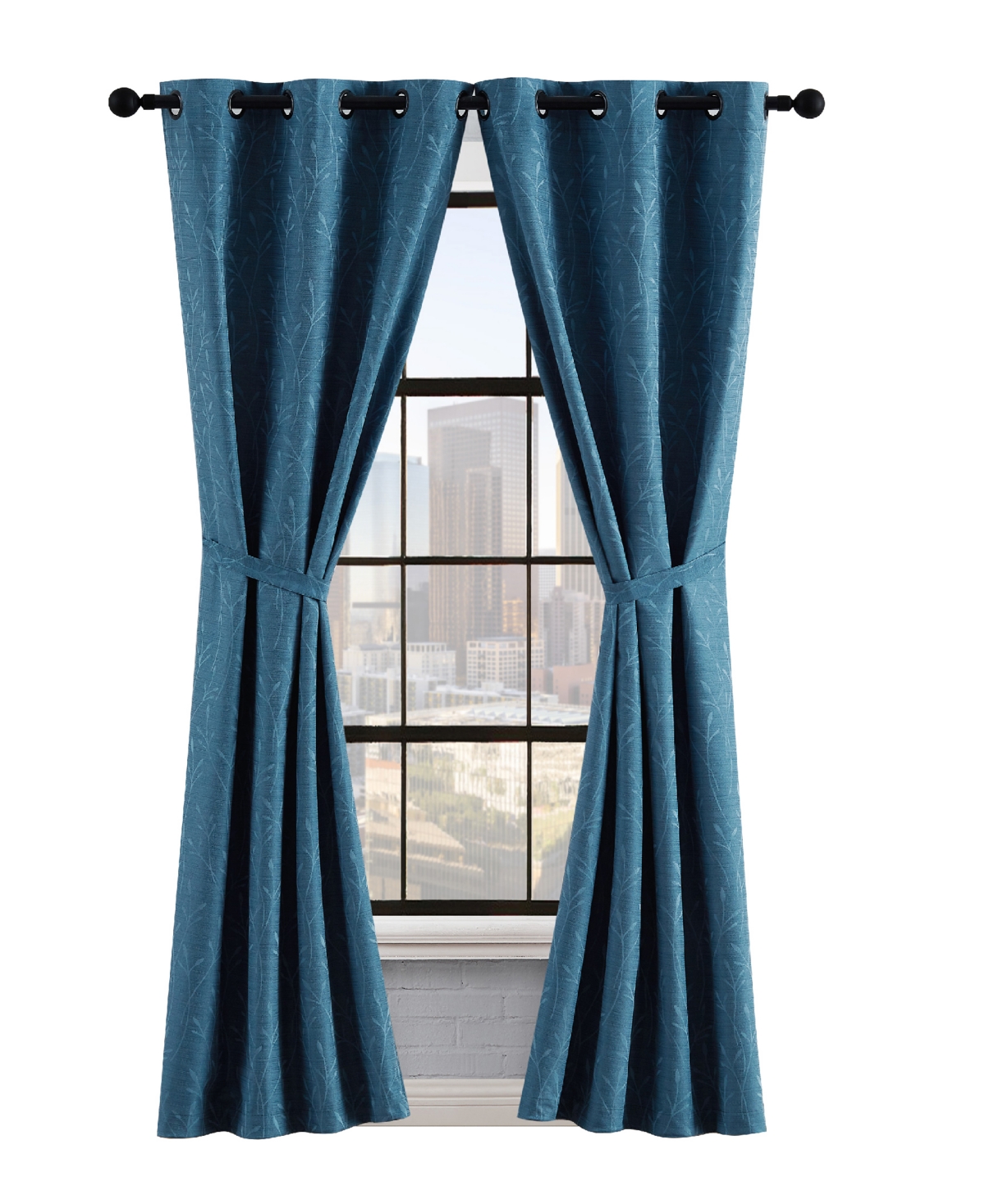 Lucky Brand Sondra Textured Leaf Pattern Blackout Grommet Window Curtain Panel Pair With Tiebacks, 38" X 84" In Denim Blue