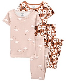 Big Girls Floral Swan Pajama and Short Sleeves T-shirt, 4-Piece Set