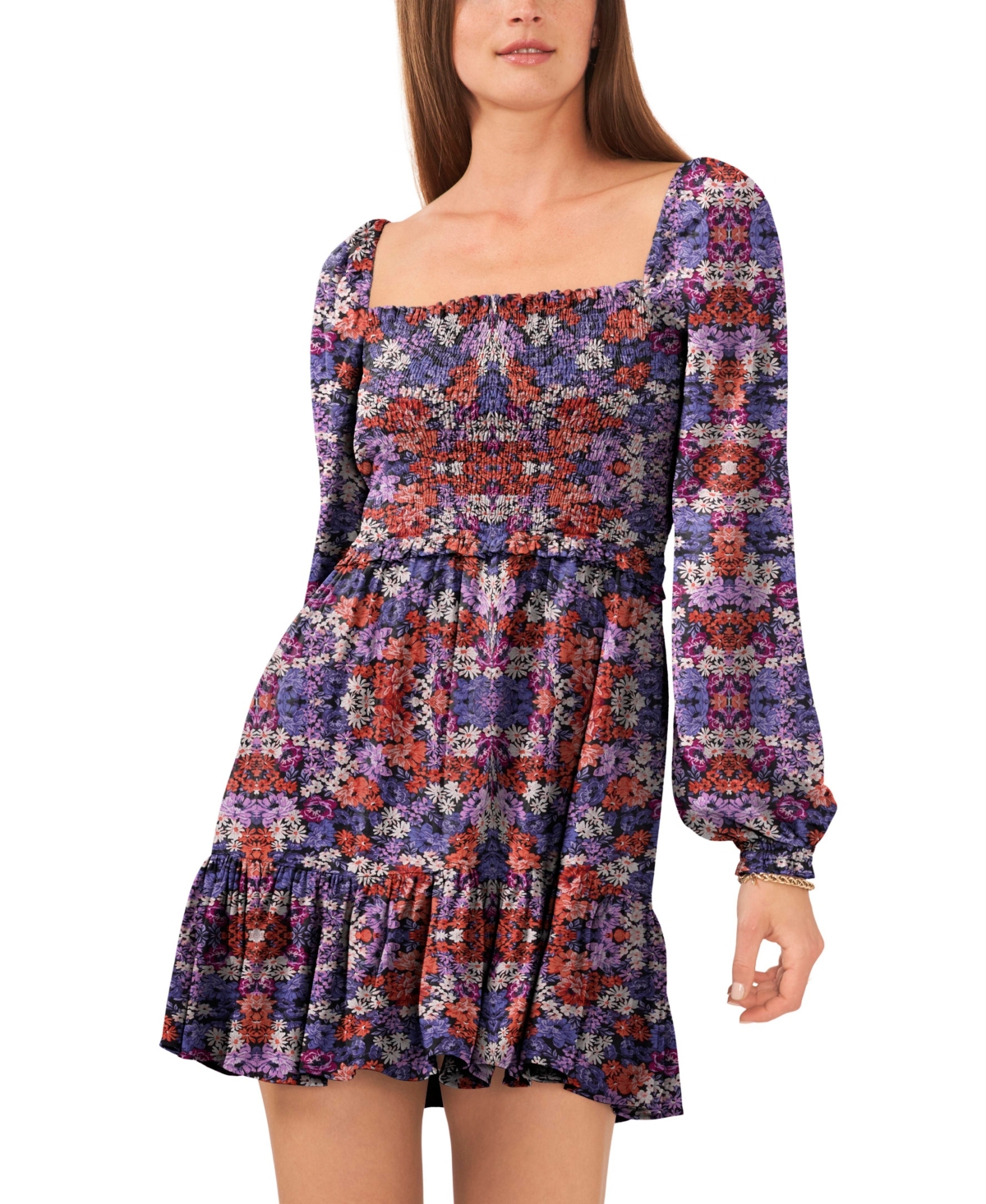Smocked Square Neck Flounce Sleeve Dress