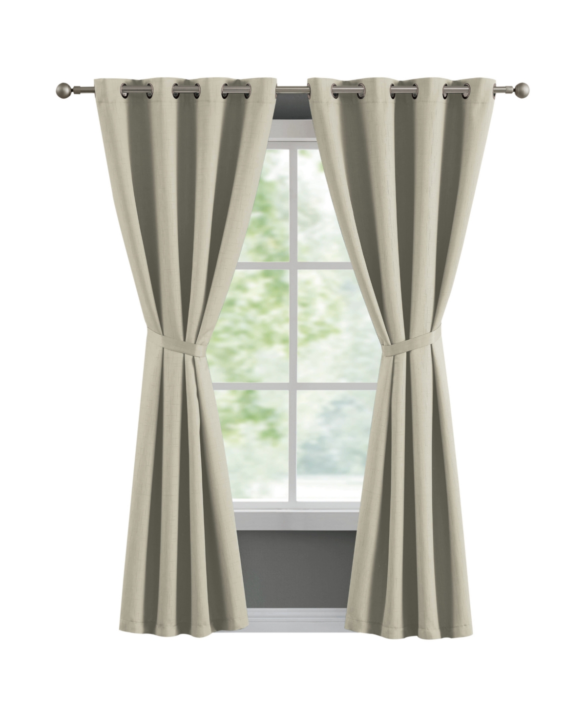 FRENCH CONNECTION EBONY THERMAL WOVEN ROOM DARKENING GROMMET WINDOW CURTAIN PANEL PAIR WITH TIEBACKS, 50" X 96"