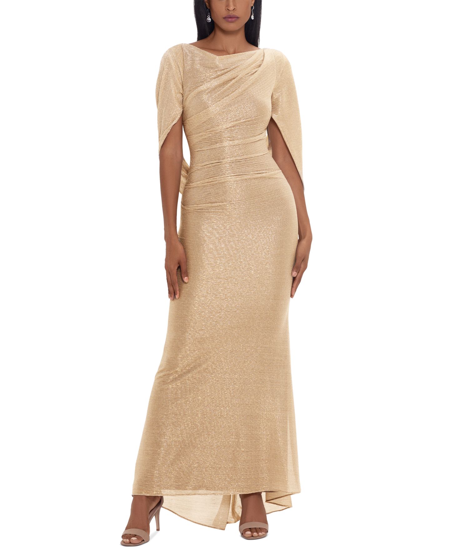 Женское платье Betsy & Adam Metallic Cape Gown, цвет: Золотой / Серебряный — фото 1
