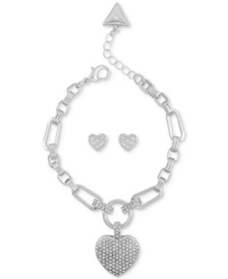 GUESS - Silver-Tone Pav&eacute; Heart Link Bracelet & Stud Earrings Set
