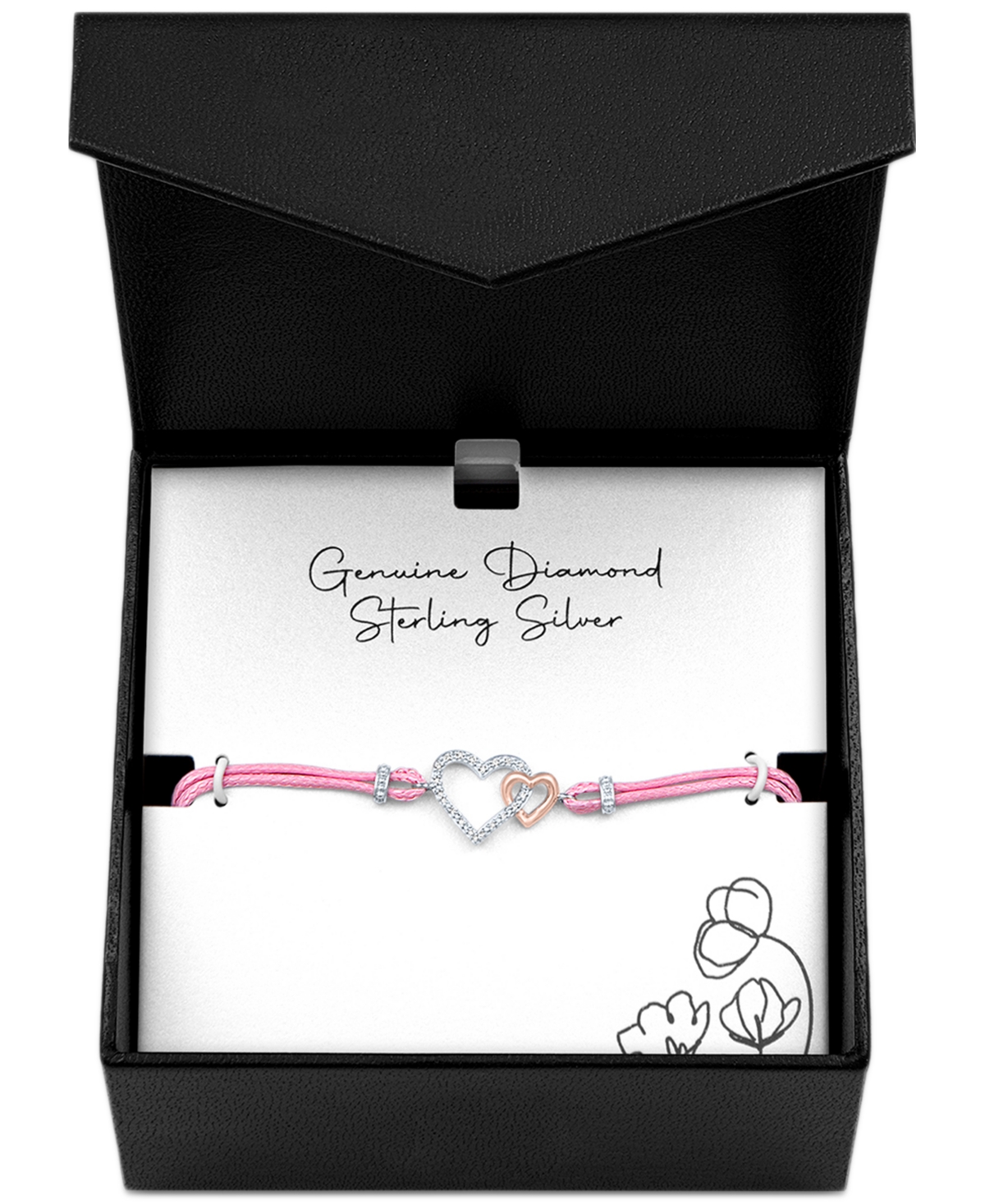 Diamond Accent Double Heart Pink Cord Bracelet in Sterling Silver & 14k Rose Gold-Plate