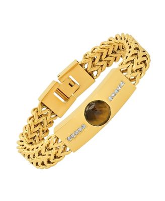 Tiger Eye and Simulated Diamonds Double Wheat Link Bracelet