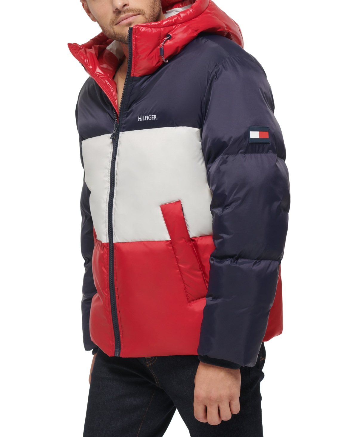 Tommy Hilfiger Men's Colorblock Performance Hooded Puffer Jacket -Ice/Red Combo