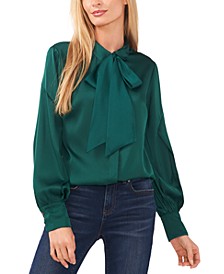 Women's Long Sleeve Button-Up Bow Blouse