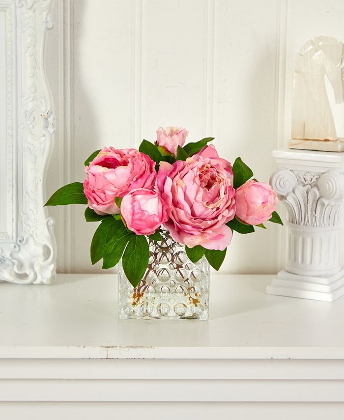 Nearly Natural Peony in Glass Vase - Macy's