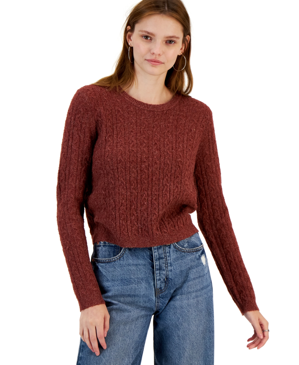 Hippie Rose Juniors' Cable-knit Crewneck Pullover Sweater In Brown