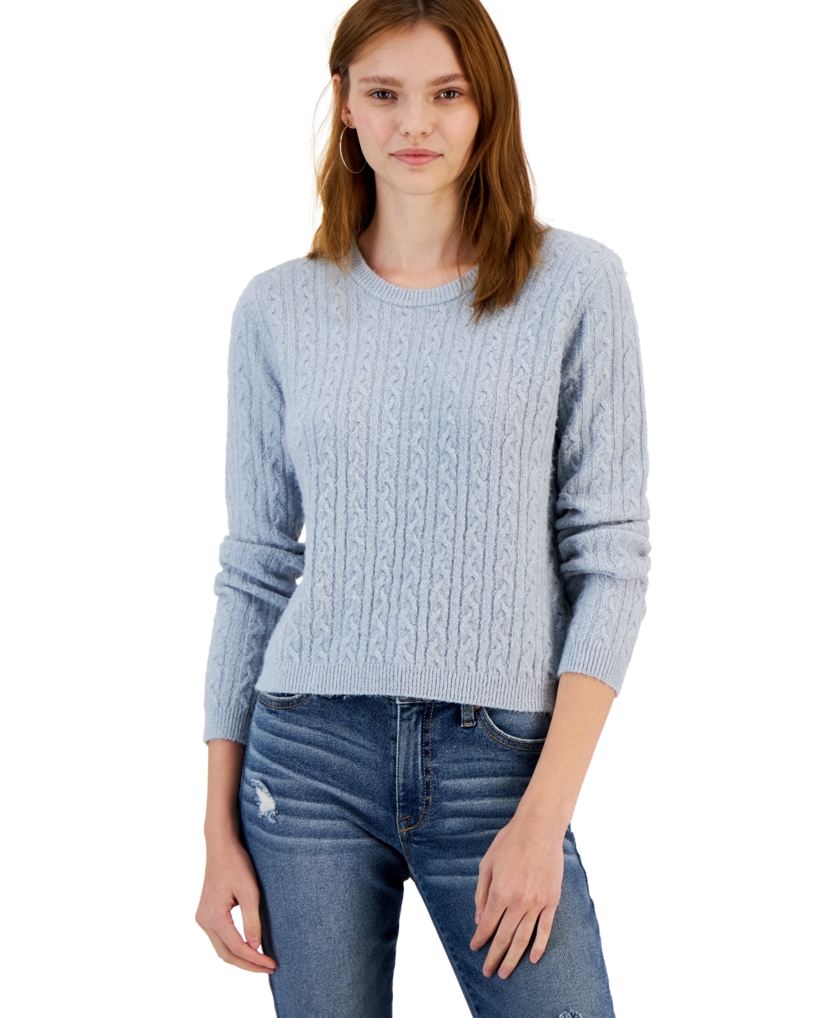Hippie Rose Juniors' Cable-knit Crewneck Pullover Sweater In Blue