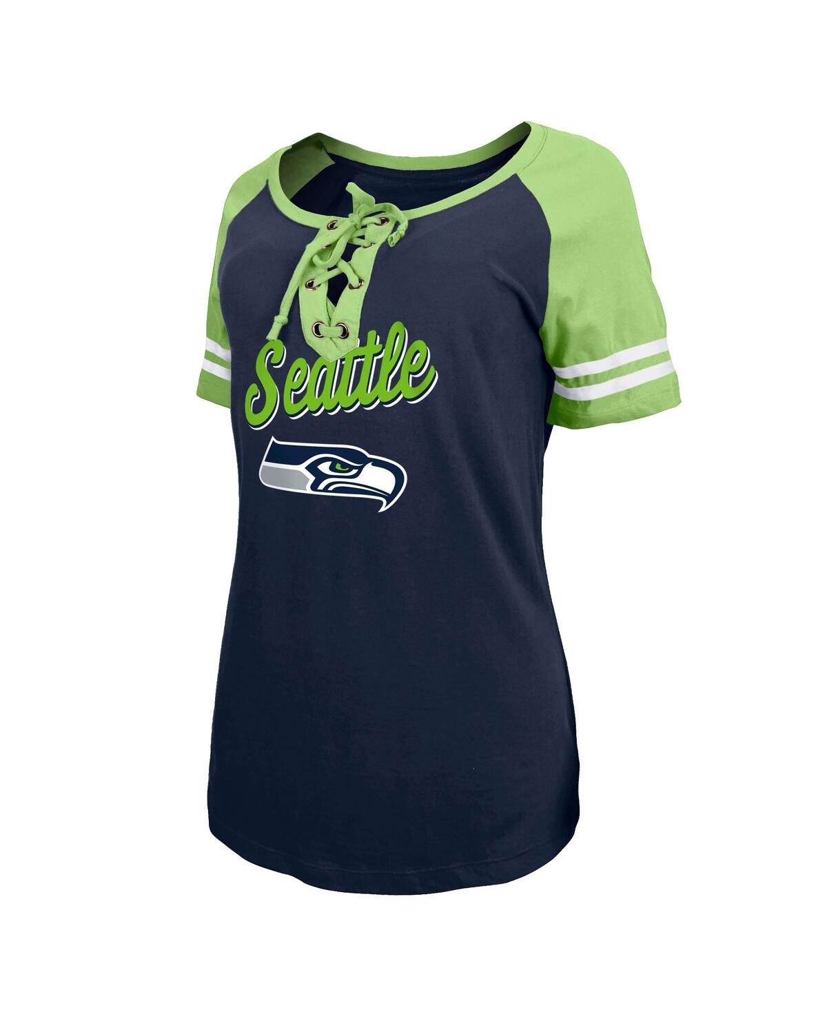 NEW ERA WOMEN'S NEW ERA COLLEGE NAVY, NEON GREEN SEATTLE SEAHAWKS LOGO LACE-UP RAGLAN T-SHIRT 