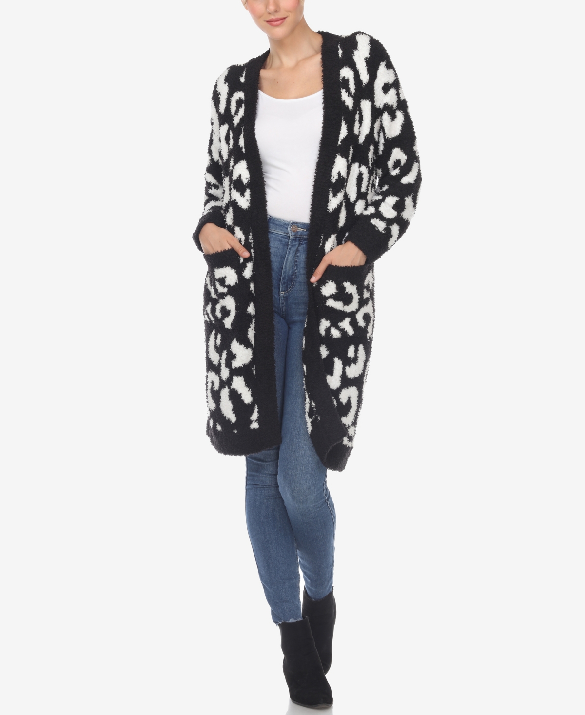 Shop White Mark Women's Leopard Print Open Front Sherpa Cardigan In Black,white