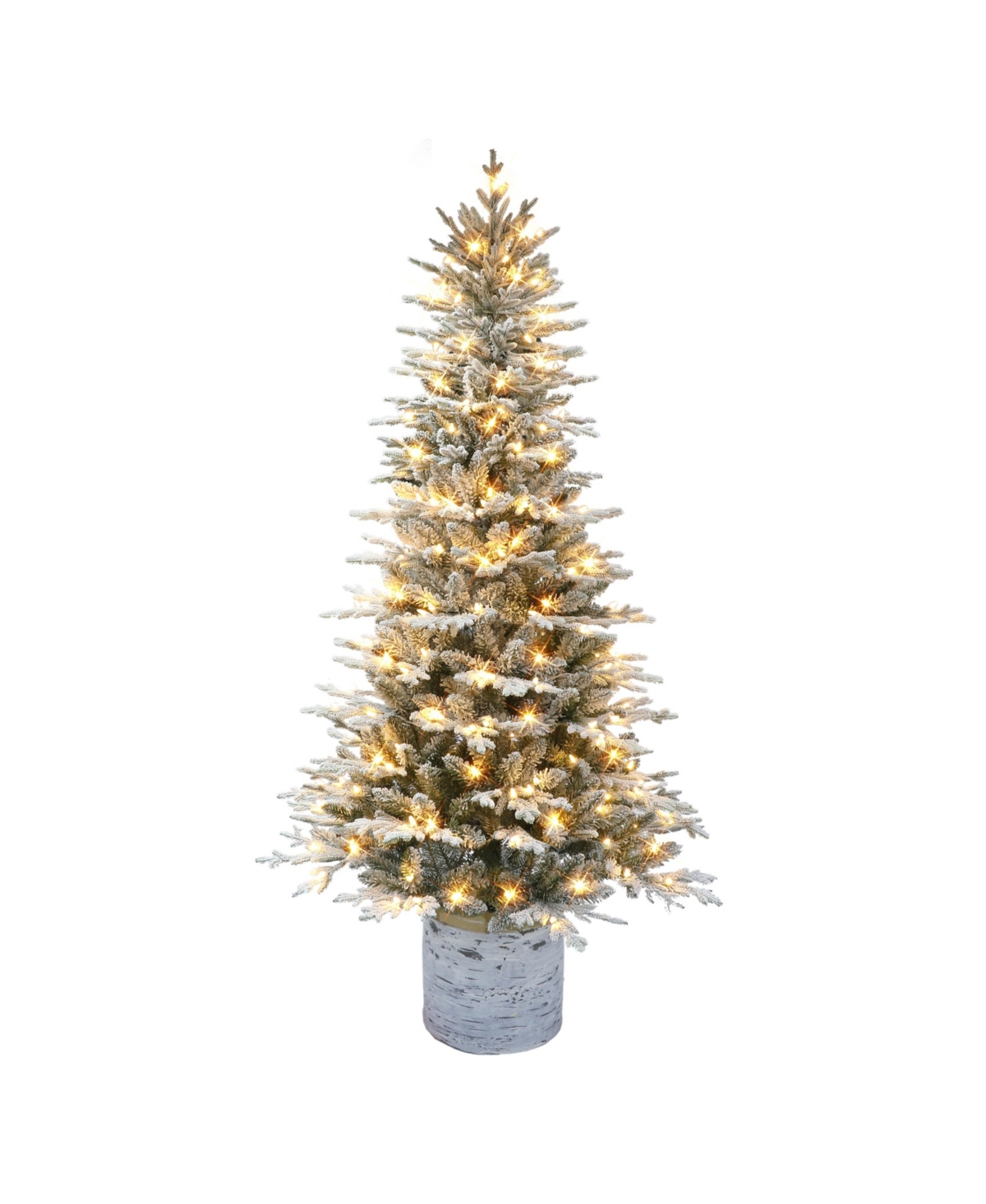 Puleo 6' Pre-lit Flocked Arctic Fir Tree With Warm White Lights & Birch Wood Look Base In Green