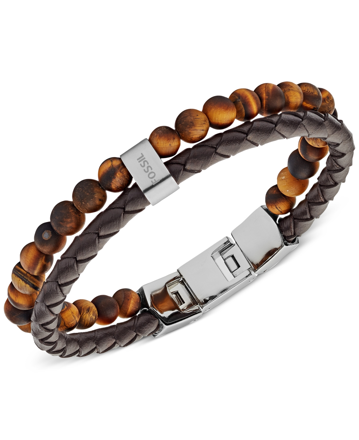 Men's Tiger's Eye and Brown Leather Bracelet - Silver
