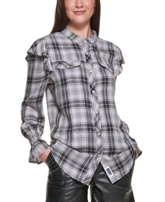 DKNY Jeans - Women's Ruffled Plaid Shirt