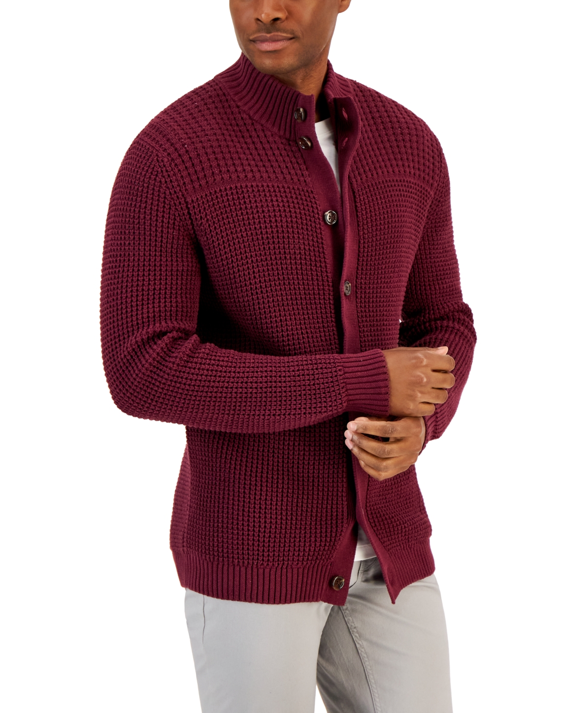 Club Room Men's Chunky Waffle Cardigan, Created For Macy's In Red Plum