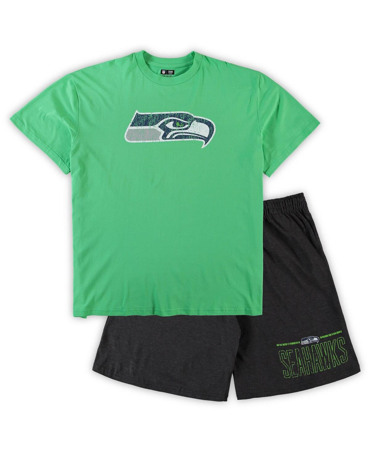 Men's Concepts Sport Neon Green, Heathered Charcoal Seattle Seahawks Big and Tall T-shirt and Shorts Set - Neon Green, Heathered Charcoal