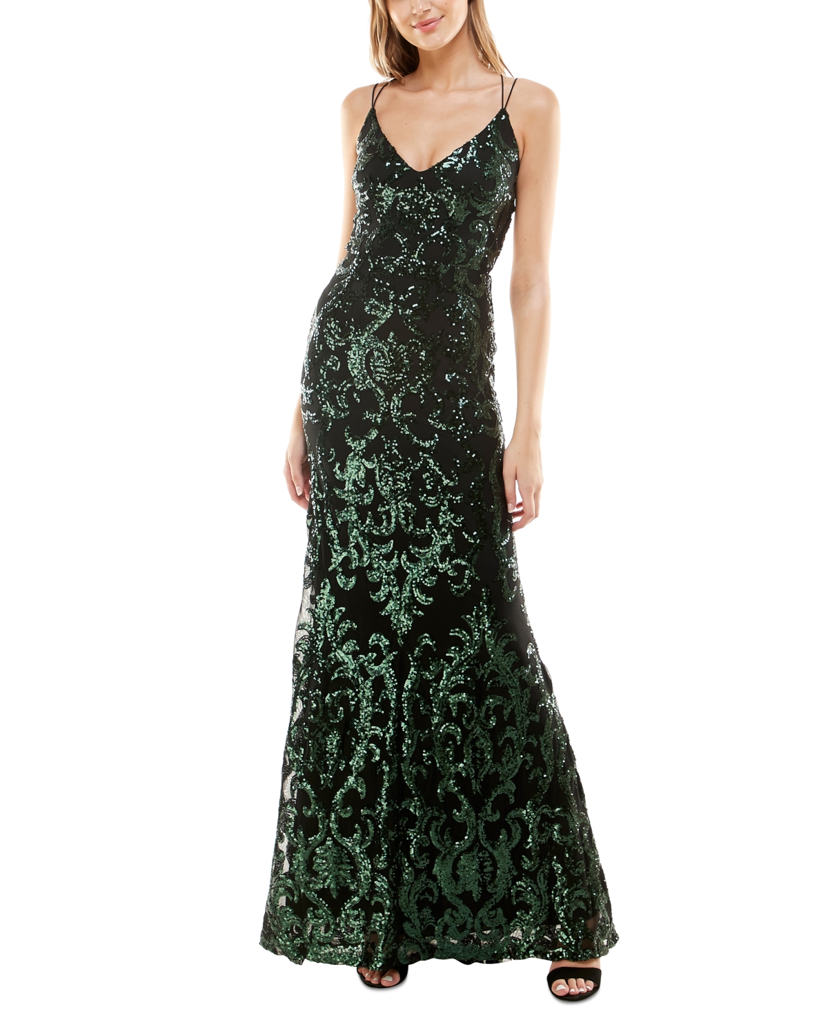 B Darlin Juniors' Bungee-Strap V-Neck Sequinned Gown