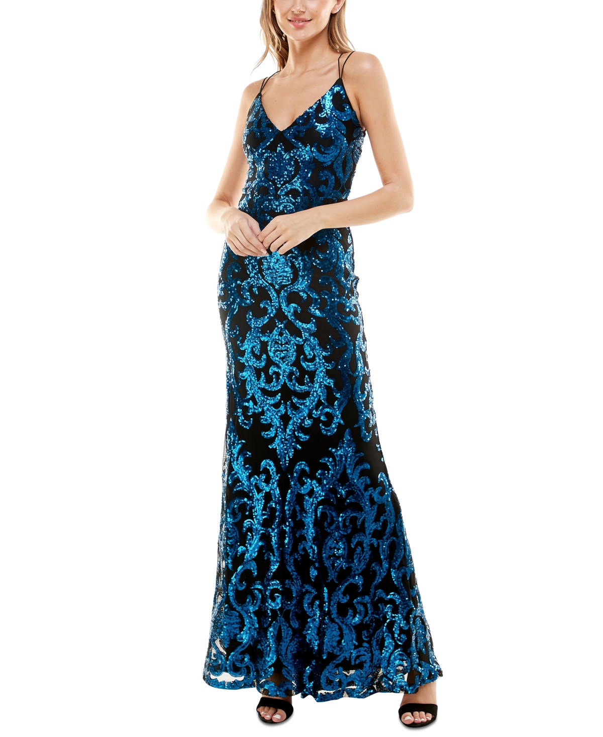 B Darlin Juniors' Bungee-Strap V-Neck Sequinned Gown
